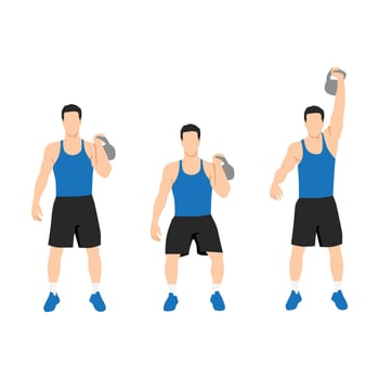 Man doing One arm kettlebell push and press exercise. Flat vector illustration isolated on white background
