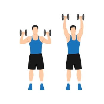 Man doing Overhead dumbbell shoulder press exercise. Flat vector illustration isolated on white background