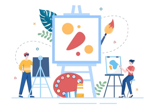 Painting Flat Illustration with Someone who Paints using Easel, Canvas, Brushes and Watercolor for Poster or Workshops Designs vector