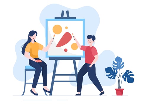 Painting Flat Illustration with Someone who Paints using Easel, Canvas, Brushes and Watercolor for Poster or Workshops Designs vector