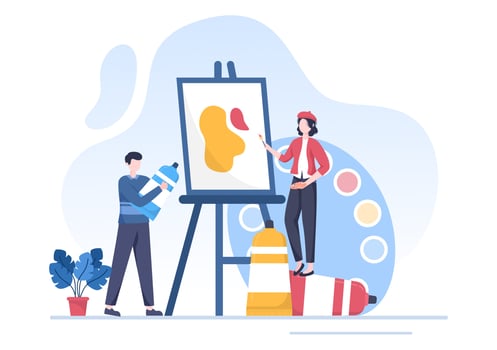 Painting Flat Illustration with Someone who Paints using Easel, Canvas, Brushes and Watercolor for Poster or Workshops Designs vector