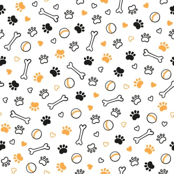 Seamless dog pattern with paw prints, bones, hearts and balls. Cat foot texture. Pattern with doggy pawprint and bones. Dog texture. Hand drawn vector illustration in doodle style on white background