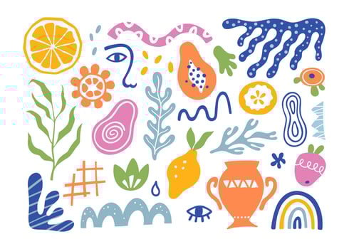 Organic blobs, tropic fruits, leaves, human face and coral in matisse style. Set of trendy doodle abstract elements. Bundle with natural shapes, random matisse collection. Vector illustration
