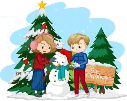 Couple kids building a snowman together with Christmas tree vector
