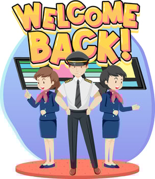 Welcome Back typography logo with aircrews cartoon characters vector