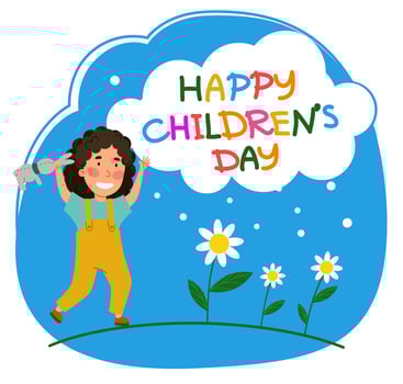 Happy Children is Day. A curly-haired girl runs through a field of flowers. Perfect for invitations, banners, and greeting cards. vector