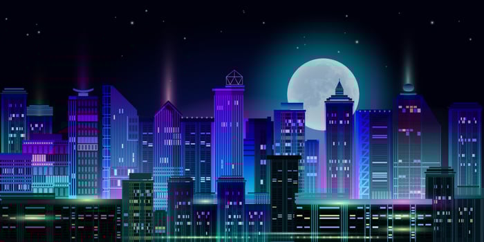 Night City Panorama with Neon Glow on Dark Background. Vector. vector