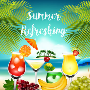 Summer holidays with palm tree, cocktails and fruits vector