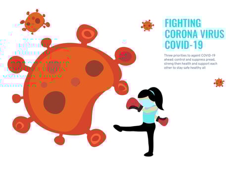 A powerful girl wear medical mask kicking Corona virus ball vector