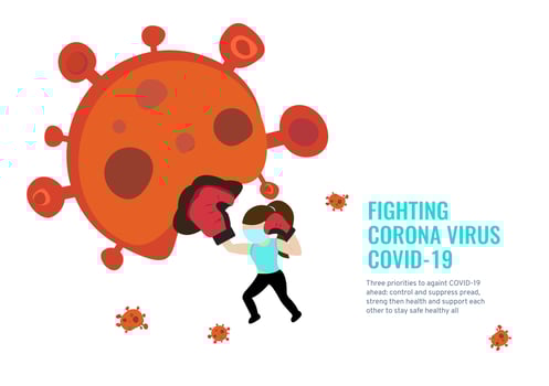 A powerful girl wear medical mask upper cut punched Corona virus ball vector