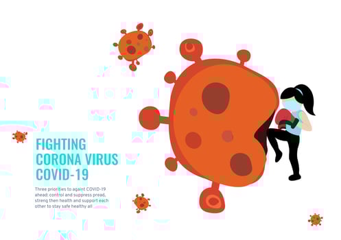 A powerful girl wear medical mask jump kick and knee hit Corona virus ball vector