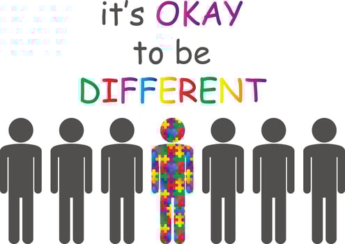 Autism Awareness Month. It's okay to be different. Multicolored puzzle in the form of a man. Healthcare concept. Vector illustration on white background