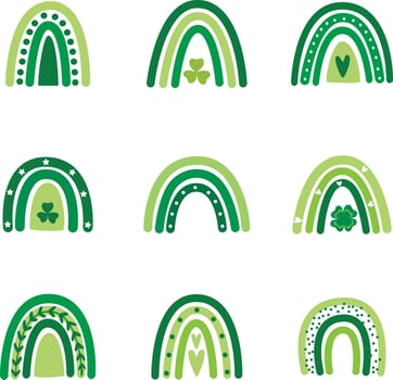 Set of 9 St. Patricks day rainbow in boho style. Saint Patrick's day clipart. Vector template for banner, poster, greeting card, flyer, postcard, sticker, clothes, etc.