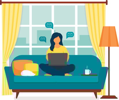 Young woman working on a laptop from home. Vector illustration
