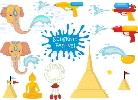 Songkran Festival - Thailand Traditional New Year's Day, Set of Colorful Icon vector