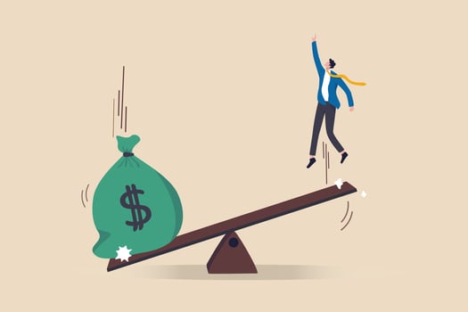 Business loan or venture capital funding to start new company or money help to survive crisis, stimulus budget concept, big money dollar bag fall on seesaw to help business owner jump flying high. vector