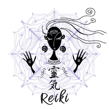 Reiki healing. A girl in the lotus position conducts a Reiki session. Vector