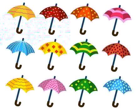 A set of cartoon umbrellas with different patterns. vector