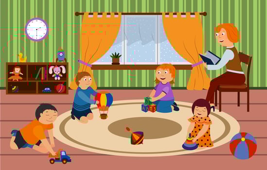 Children in kindergarten are sitting on the carpet with the teacher, the teacher is reading a book, children are playing with toys. vector