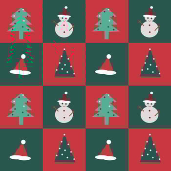 Seamless pattern of a snowman and pine tree on green and red color box background. Vector design. For textile or printing or paper, wrap use. Greeting on Merry  Christmas and happy new year's concept.