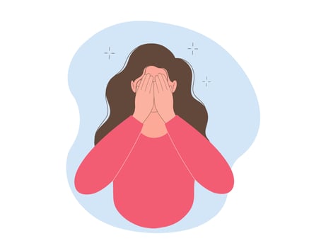 Young woman hides her face in her hands. Concept of fear, shame, social phobia. vector