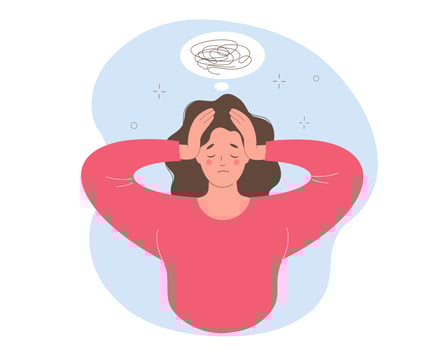 Woman with confused thoughts, holding her head with both hands. She is in indecision, questions, uncertainty. vector