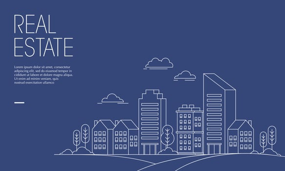 Vector illustration of cityscape with linear line style. Suitable for design element of real estate poster, modern city promotional background, and urban landscape illustration.