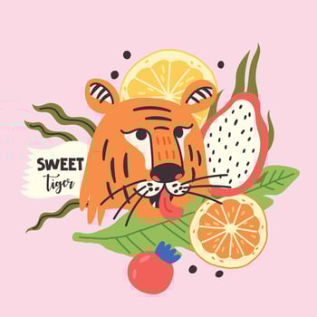 Sweet tiger face with tropical fruits vector