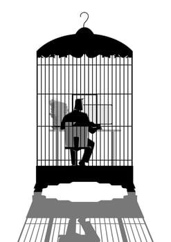 Businessman working on computer in the bird cage vector