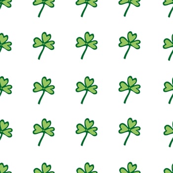 Seamless pattern with green clover leaves on white background. Vector illustration, flat design. Symbol of good luck, charm.
