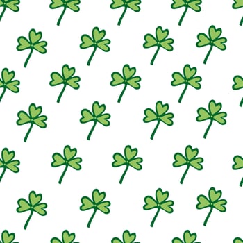 Seamless pattern with green clover leaves on white background. Vector illustration, flat design. Symbol of good luck, charm.