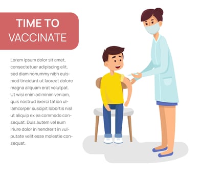 Doctor woman giving a free flu vaccination shot to the arm of a kid patient. Poster for the clinic Vector isolated cartoon illustration.