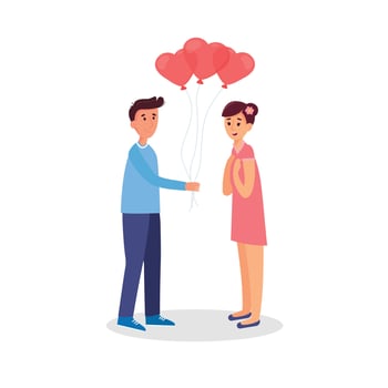 Give and share love. Man giving balloons to a woman. Cartoon flat vector illustration