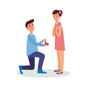 Young man makes an offer to a girl to get married. Vector illustration