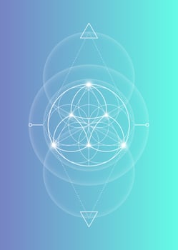 Sacred Geometry, Flower of Life, lotus flower mandala. White logo Symbol of Harmony and Balance, Glowing Geometrical Ornament, yoga relax, vector isolated on blue gradient background
