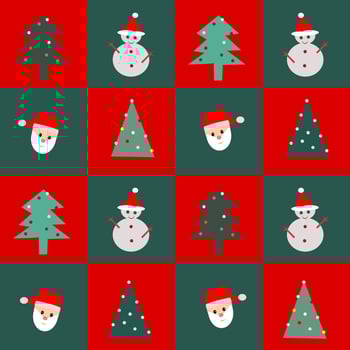 Seamless pattern of a snowman, Santa, pine tree on green and red boxes background. Vector design. For textile or printing or paper, wrap. Greeting on Merry  Christmas and happy new year's concept.