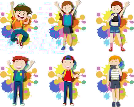 Set of girls and boys with backpack vector
