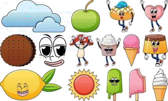 Set of facial expression with vintage style food cartoon on white background vector