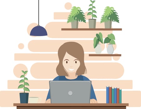 A woman working using laptop flat design vector