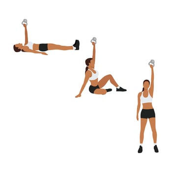Woman doing Turkish get ups exercise. Flat vector illustration isolated on white background