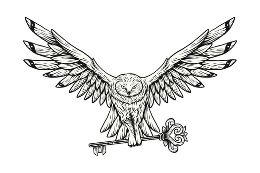 Illustration owl fly with key hand drawing vintage vector