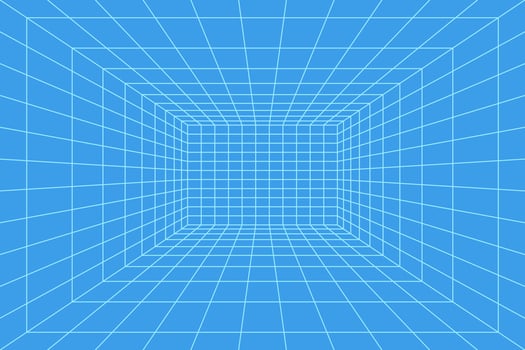 Grid room in perspective, vector illustration in 3d style. Indoor wireframe from blue lines, template interior square, digital empty box. Minimal background design