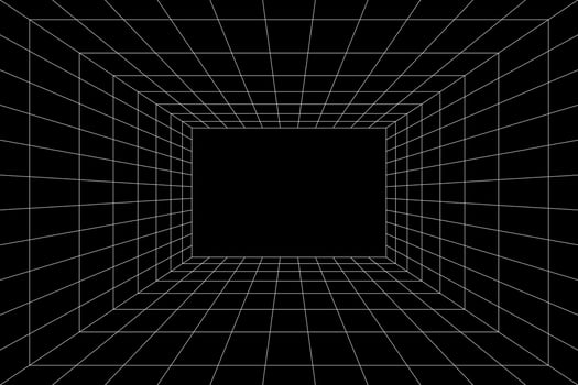 Grid room in perspective, vector illustration in 3d style. Indoor wireframe from white lines, template interior square, digital empty box. Abstract geometric design background