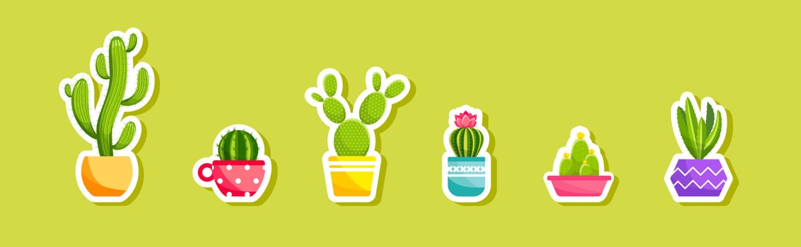 Sticker Cacti and succulent plants in flower pots. Vector sticker set of cute green cacti and succulents in pots. Collection of houseplants in pots. Isolated on white background