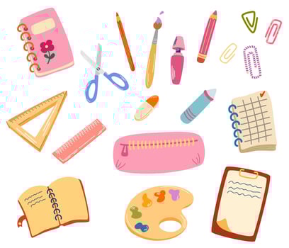 School supplies. Back to school. Big set of hand draw school items. Books, pencils, pens, notebooks, erasers, paper, clips, globe, backpack. Study. Vector illustration