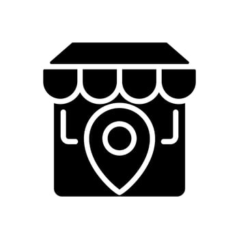 Store location black glyph icon. Physical shop position. Website information. Market address. Online shopping. Silhouette symbol on white space. Solid pictogram. Vector isolated illustration