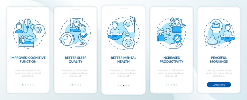 Waking up early benefits blue onboarding mobile app screen. Life power walkthrough 5 steps graphic instructions pages with linear concepts. UI, UX, GUI template. Myriad Pro-Bold, Regular fonts used vector