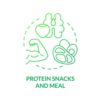 Protein snacks and meal green gradient concept icon. Fitness nutrition and supplements abstract idea thin line illustration. Isolated outline drawing. Roboto-Medium, Myriad Pro-Bold fonts used vector