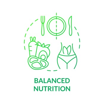 Balanced nutrition green gradient concept icon. Workout and healthcare lifestyle diet abstract idea thin line illustration. Isolated outline drawing. Roboto-Medium, Myriad Pro-Bold fonts used vector