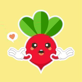 Cute and kawaii beet vegetable character. Vector hand drawn cartoon funny character illustration icon. Isolated on color background. Beet vegetable character concept. vegan vegetarian food